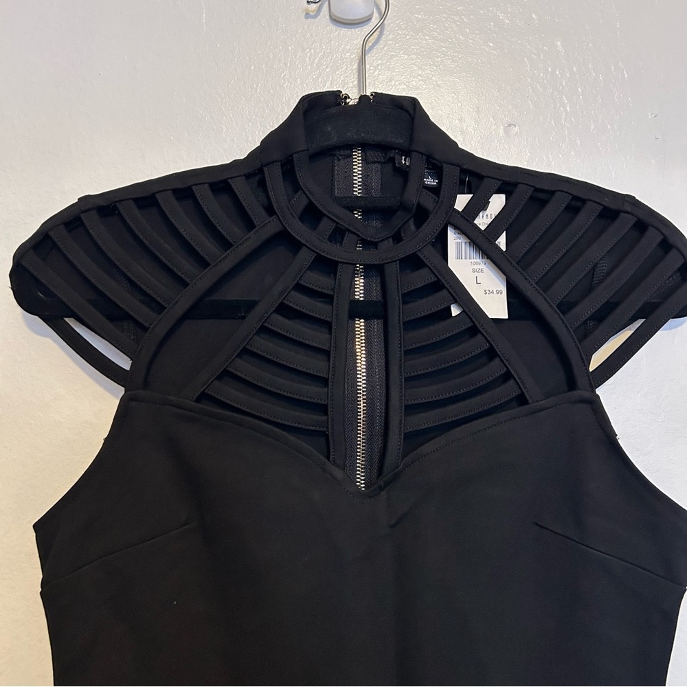 Black Mid-length Bodycon Dress with Caged Mock Neck